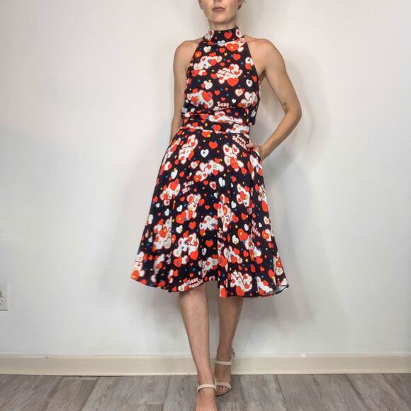 NWT LOVE MOSCHINO logo heart print dress mock neck open back fit & flare 3017 - Picture 1 of 10